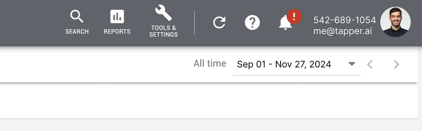 Crop of the current Google Ads header bar, from the Google Ads logo to the avatar: at the top left the account name with its customer ID (xxx-xxx-xxxx) readable, at the top right the ID of the account the sign-in came through, above the signed-in email.