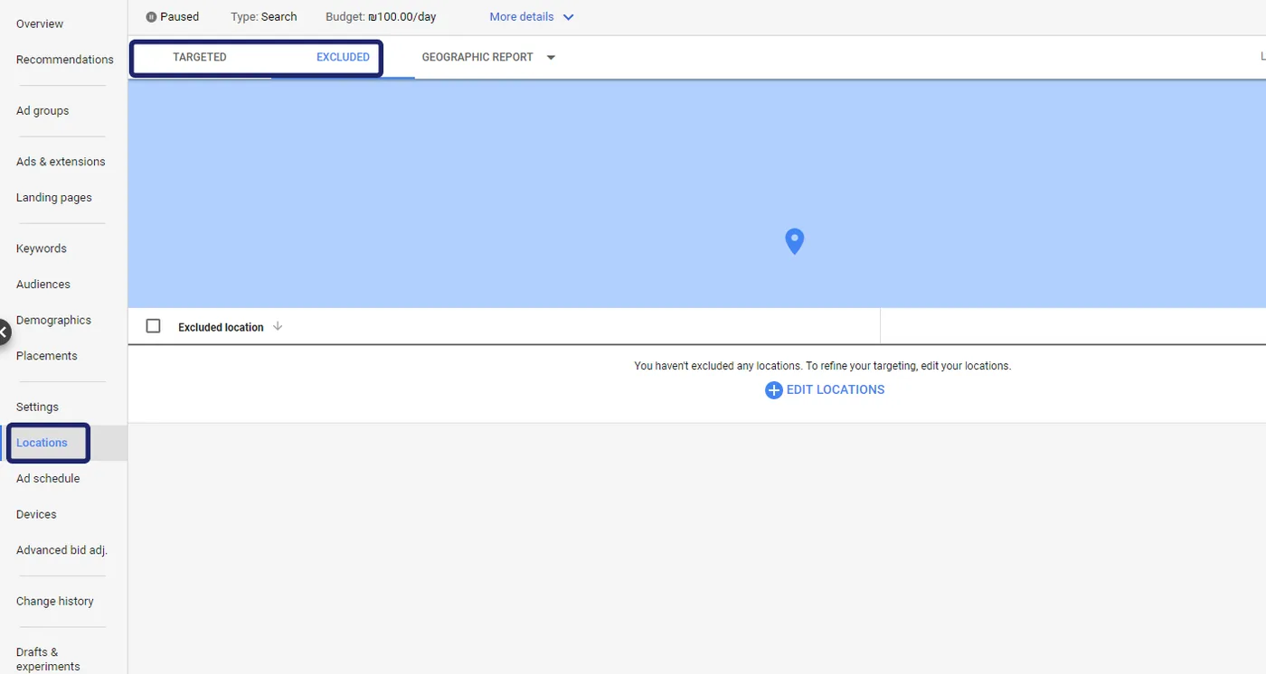 The current Google Ads Locations card with the Excluded tab selected and at least one excluded location listed; crop to the card.