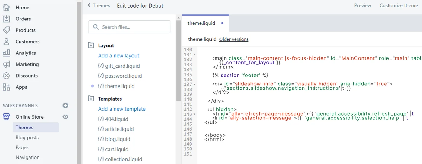 The current Shopify code editor with Layout > theme.liquid open and the opening body tag visible, the Tapper monitoring script pasted right after it.