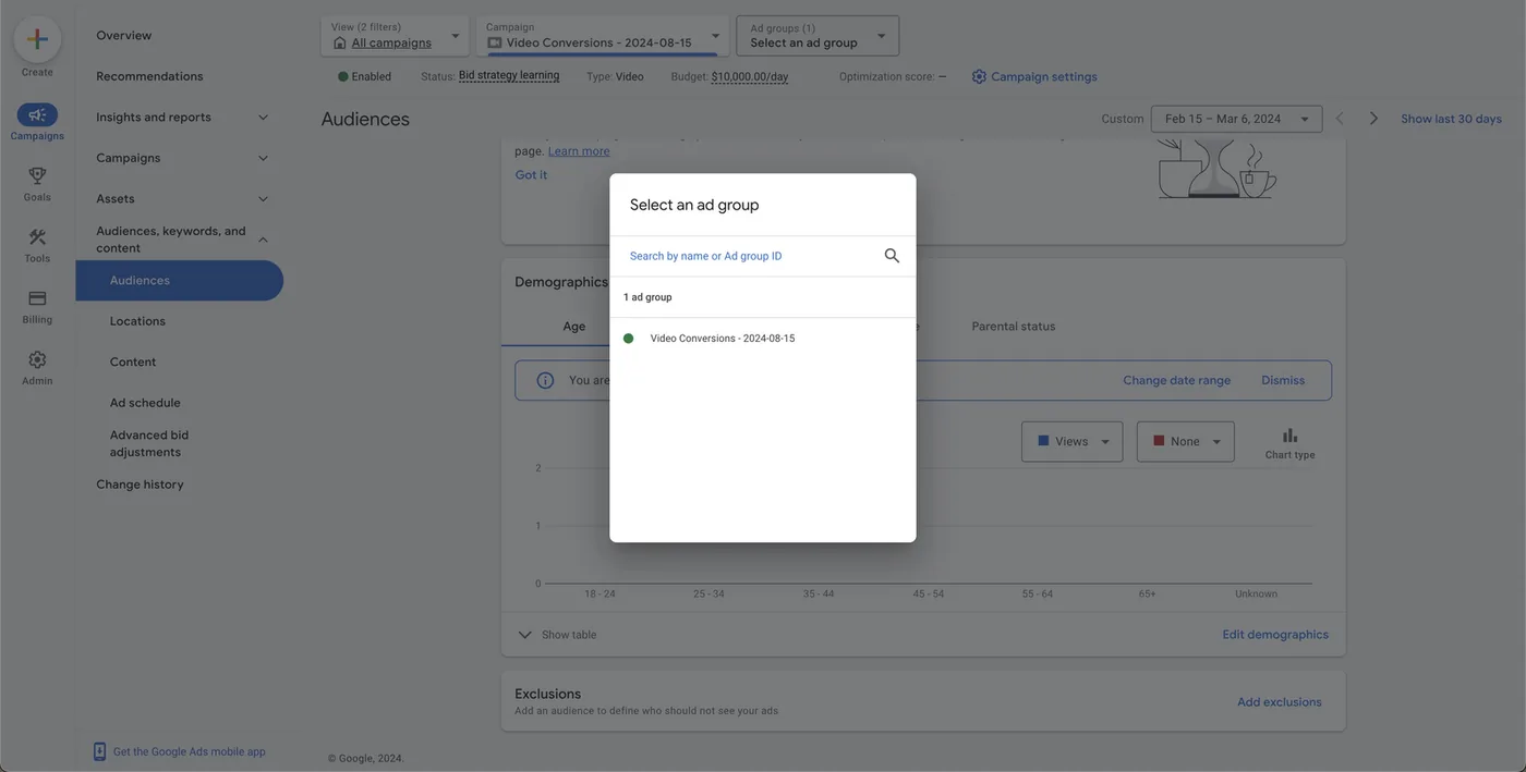 The current Google Ads Add exclusions dialog for a Video campaign, with the Campaign / Ad group level choice visible and Tapper - Invalid Traffic List selected, Save button visible.