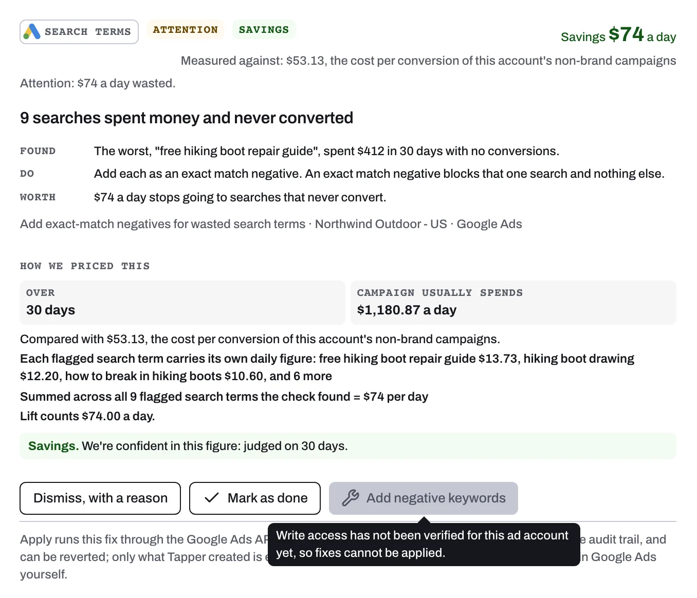 A Google Ads card with its fix button grayed out and the reason showing on hover