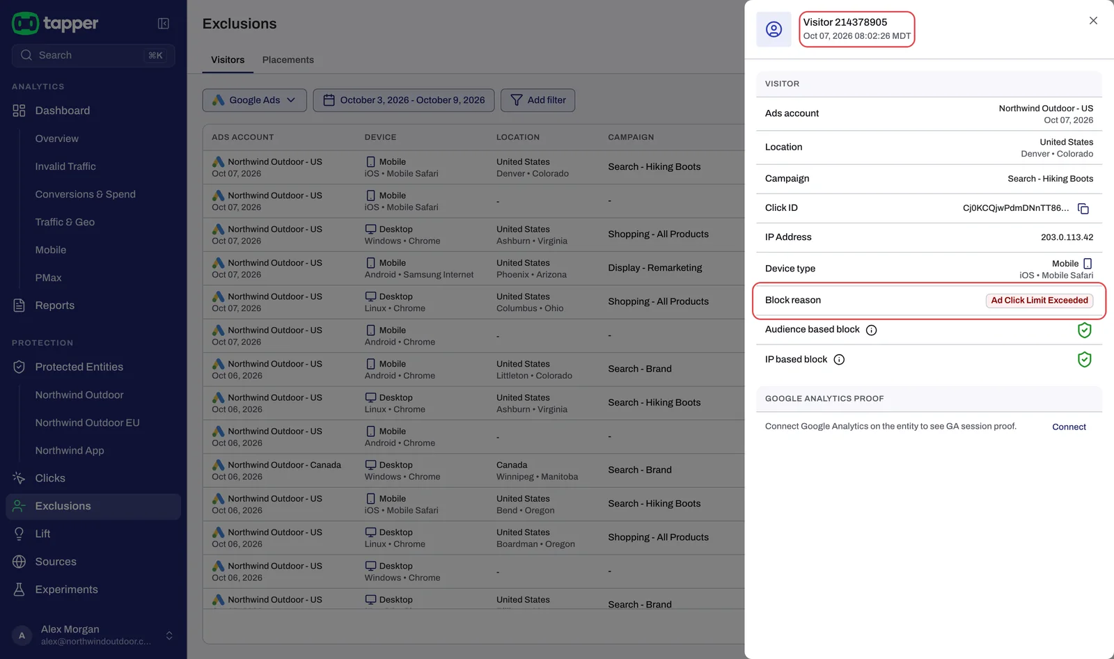 The visitor drawer on the Exclusions page with the block reason and visitor id
