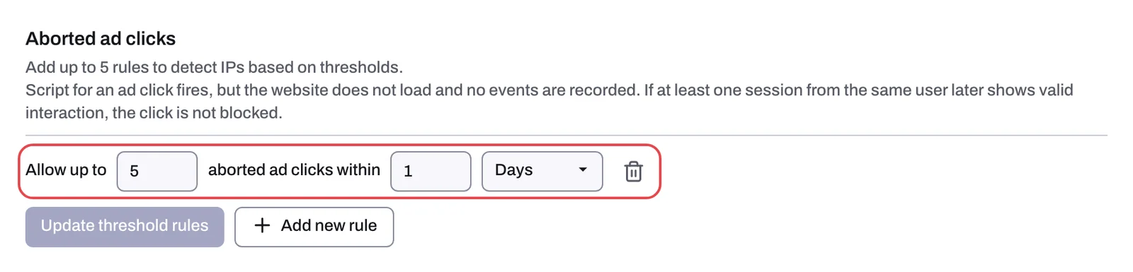 The Aborted ad clicks section with one rule, Update threshold rules and Add new rule