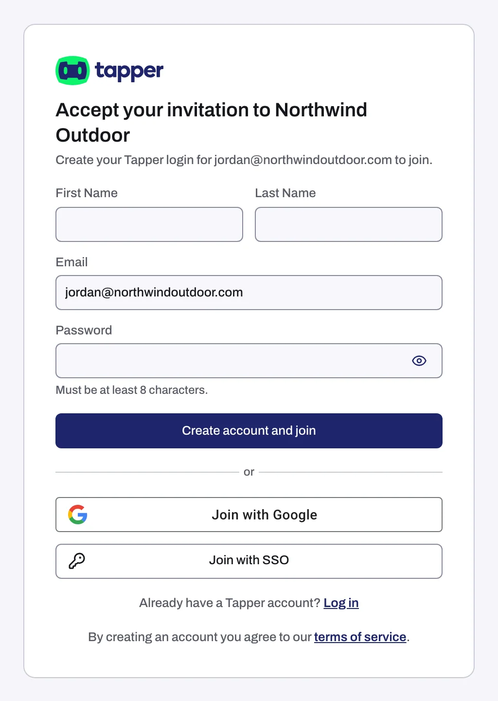 The invitation page for an address that has no Tapper account yet