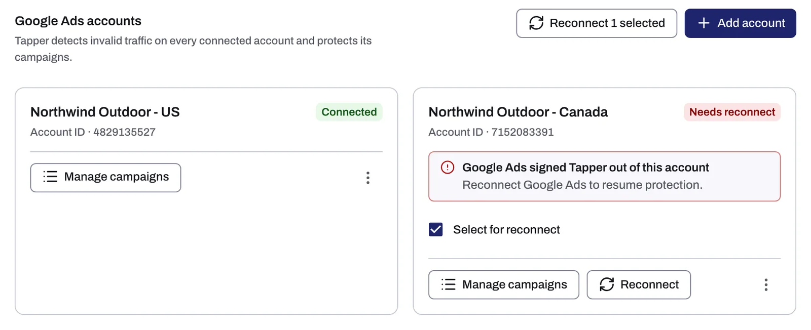 An account card in the Needs reconnect state next to a Connected card