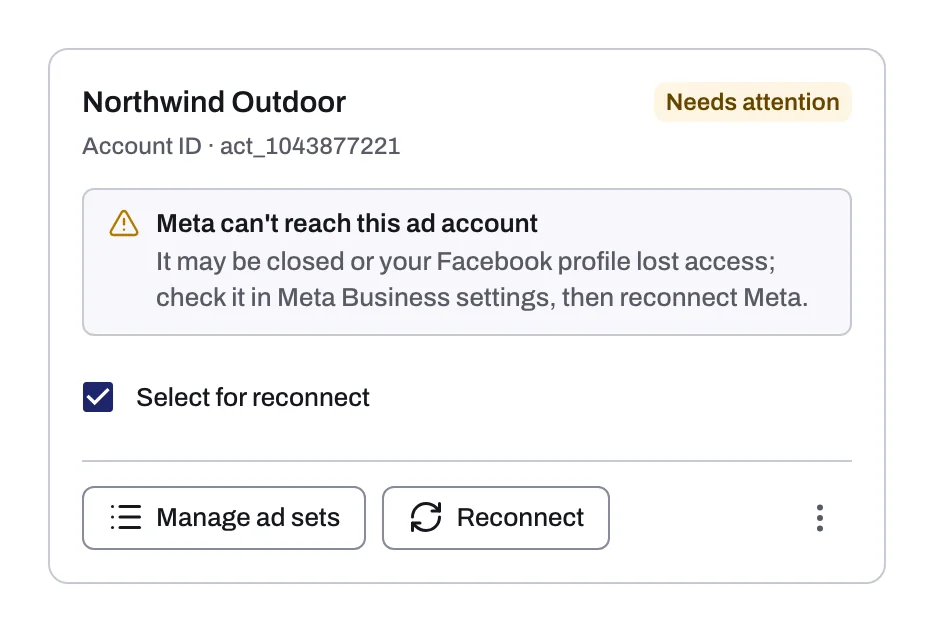 A Meta account card in the Needs attention state with its notice