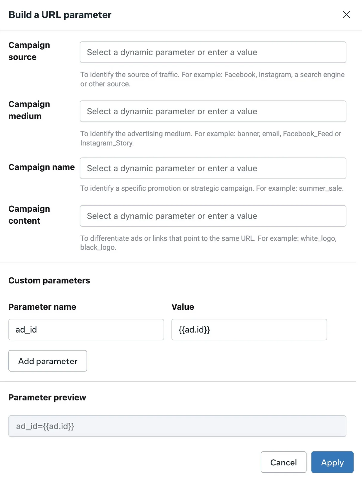 Meta's Build a URL parameter dialog with the custom parameter ad_id set to {{ad.id}}