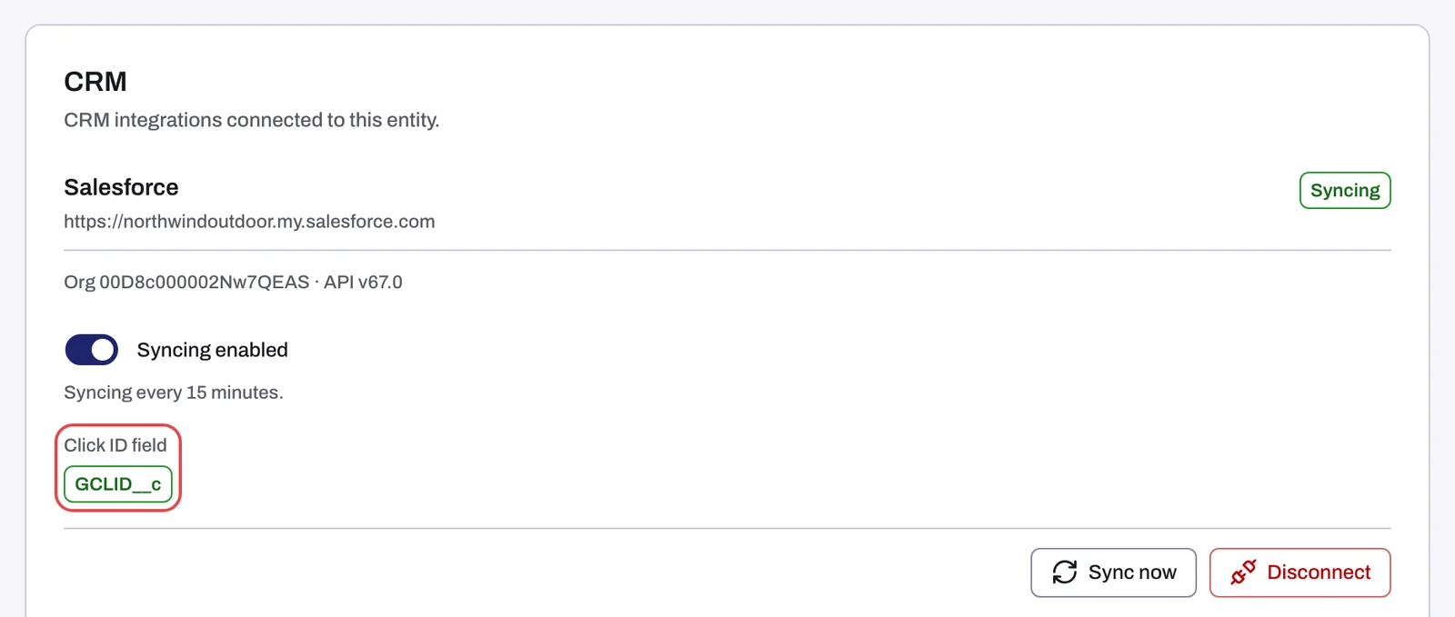 The CRM tab with the Click ID field outlined