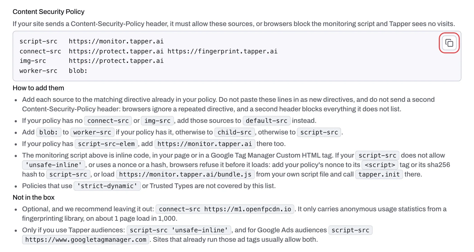 The Content Security Policy section: the box of sources with its copy button outlined, then the How to add them and Not in the box lists