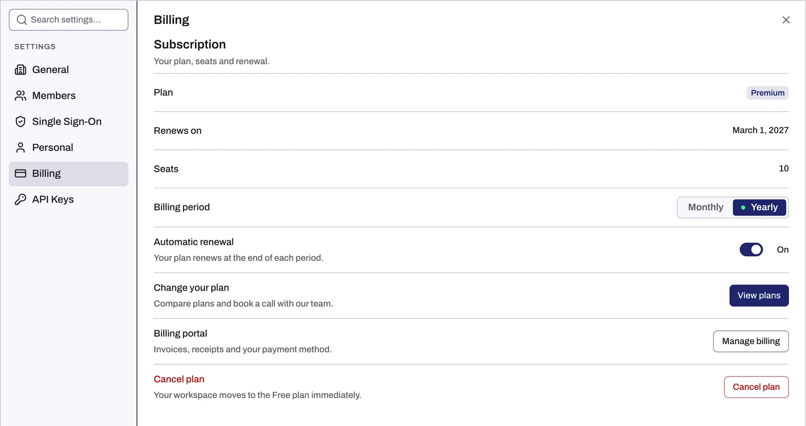 The Subscription section of Billing on a paid plan
