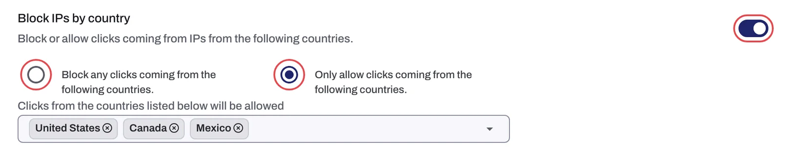 Block IPs by country switched on, the Only allow option selected and three countries in the list