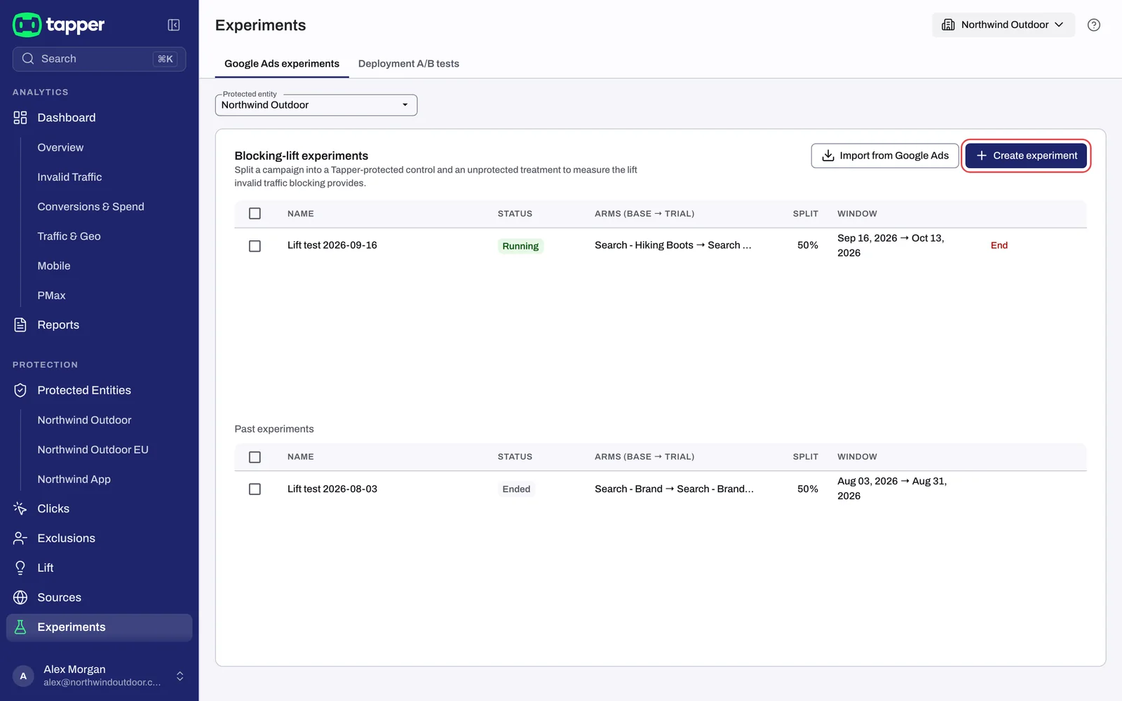 The Blocking-lift experiments list with Create experiment outlined