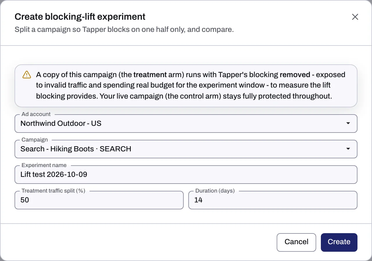 The Create blocking-lift experiment dialog with its warning and fields