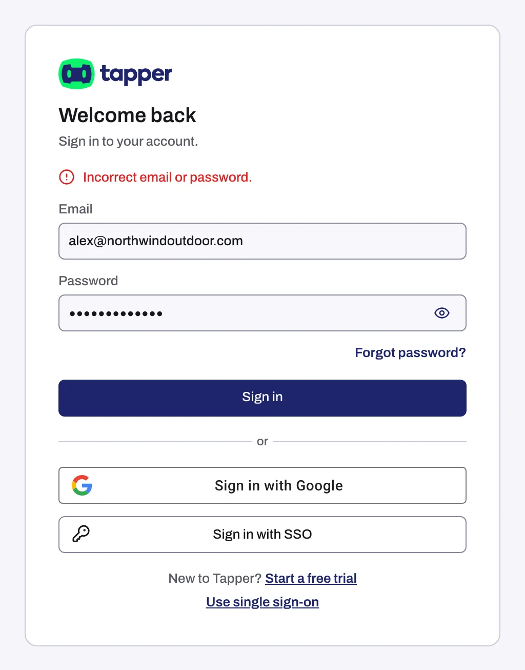 The sign-in page showing the Incorrect email or password message