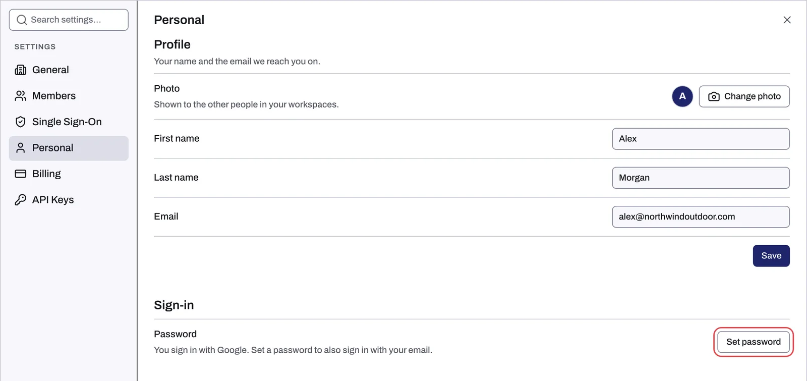 The Sign-in section of Settings, Personal, with the Password row and its Set password button
