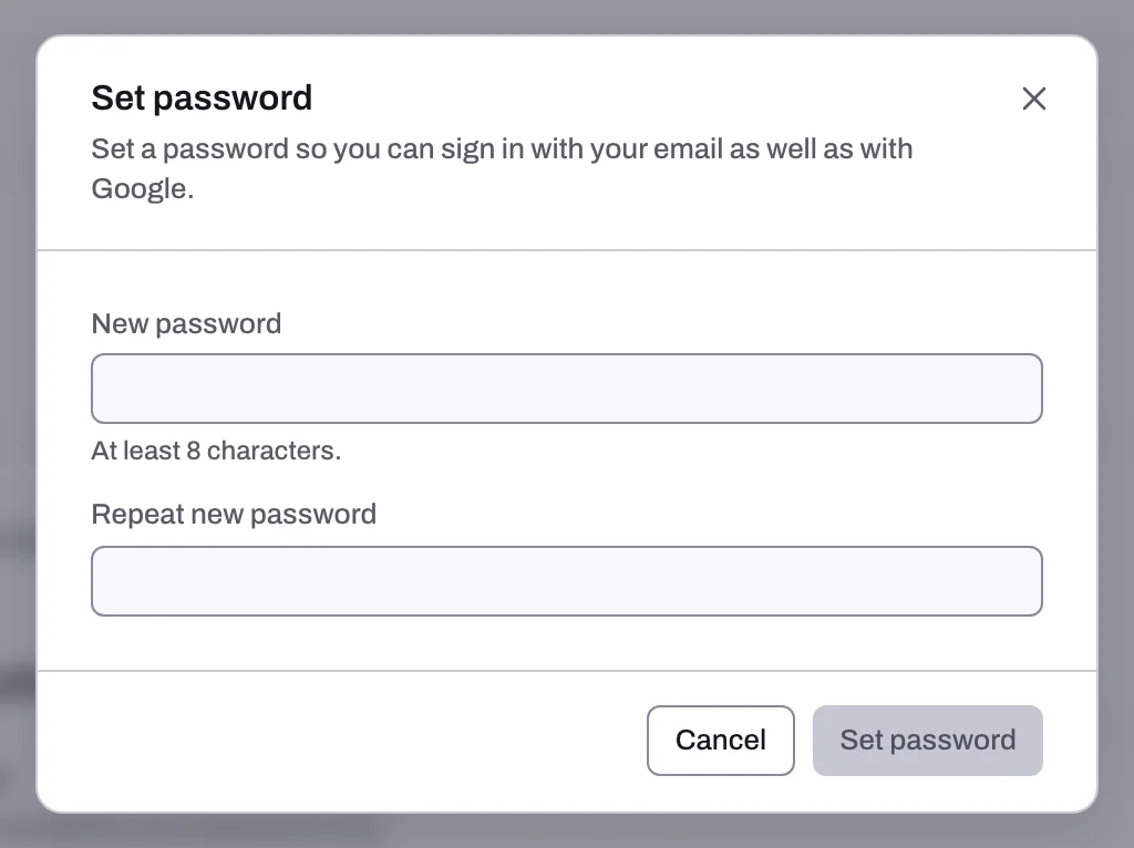 The Set password dialog with New password and Repeat new password