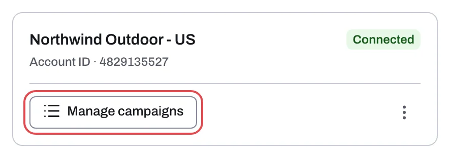 The Manage campaigns button on a Google Ads account card