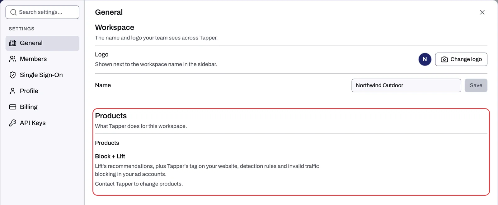 The Products section in Settings after an ad account is connected