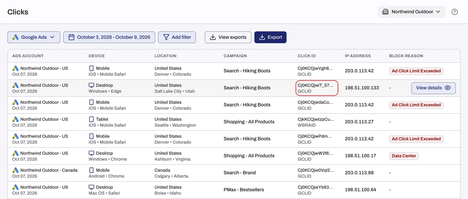 The Clicks page on Google Ads with the Click id column