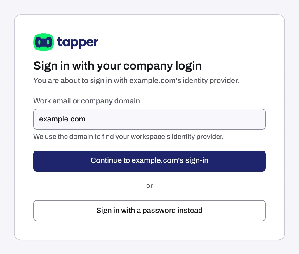 The page the Tapper tile opens, with the Continue button for the company domain