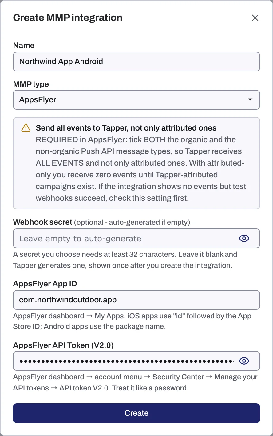 The Create MMP integration dialog with an MMP type selected, the all-events callout and the two credential fields
