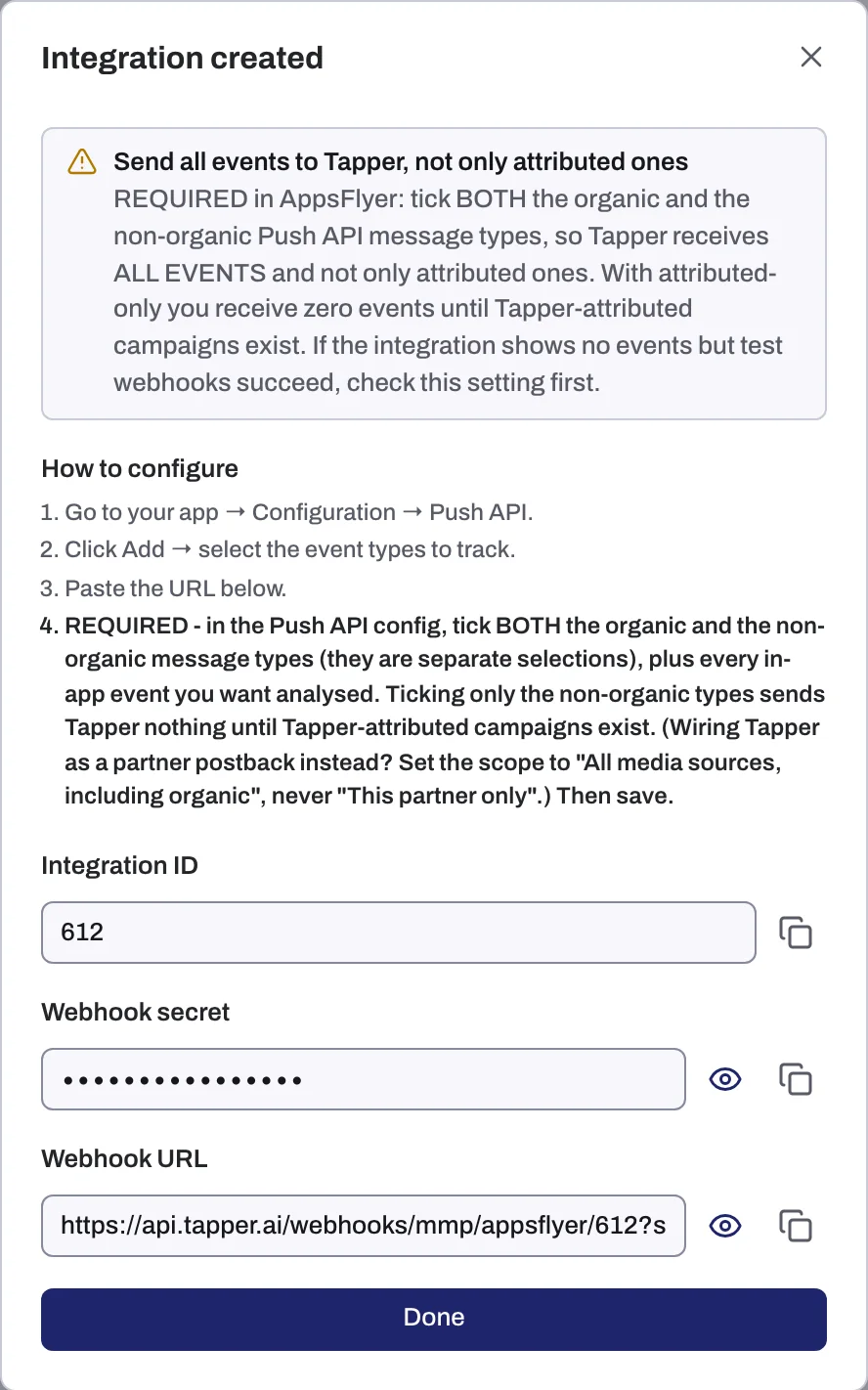 The Integration created screen with Integration ID, Webhook secret and Webhook URL and their copy buttons