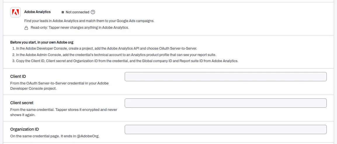 The Adobe Analytics row with its form open: the steps in your own Adobe org, then the Client ID, Client secret and Organization ID fields