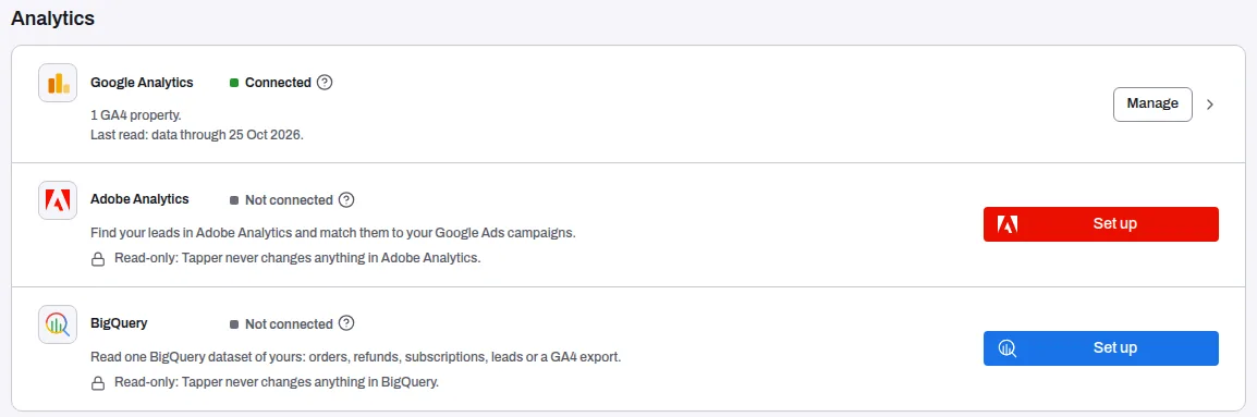 The Analytics group of Data sources with the BigQuery row: Not connected, its Set up button and the read-only line
