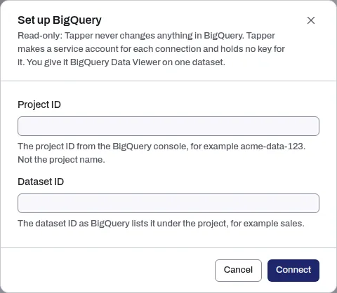 The Set up BigQuery dialog with the Project ID and Dataset ID fields