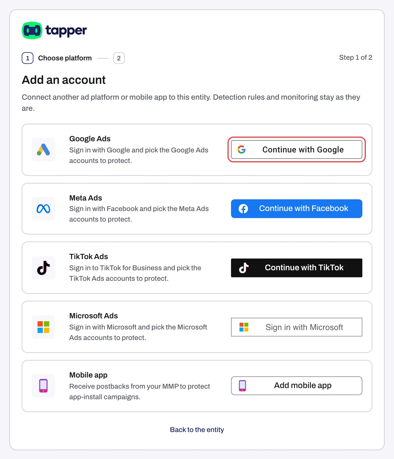 The Google Ads row on the Add an account step, with Continue with Google
