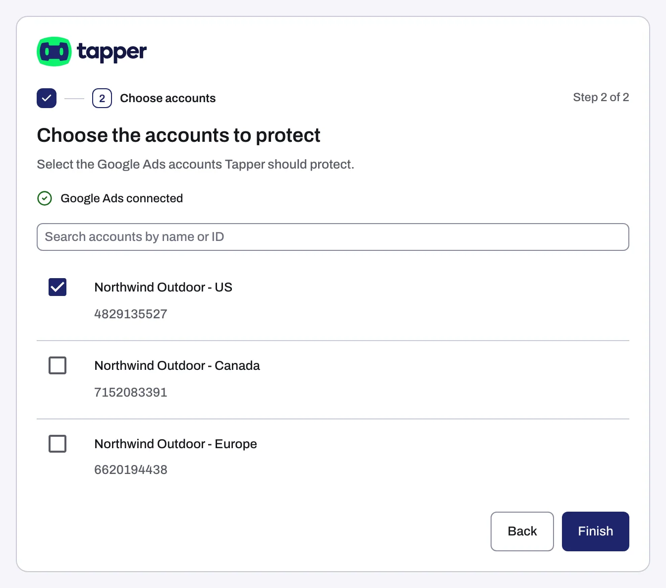 Choose the accounts to protect, with the search field and one account ticked