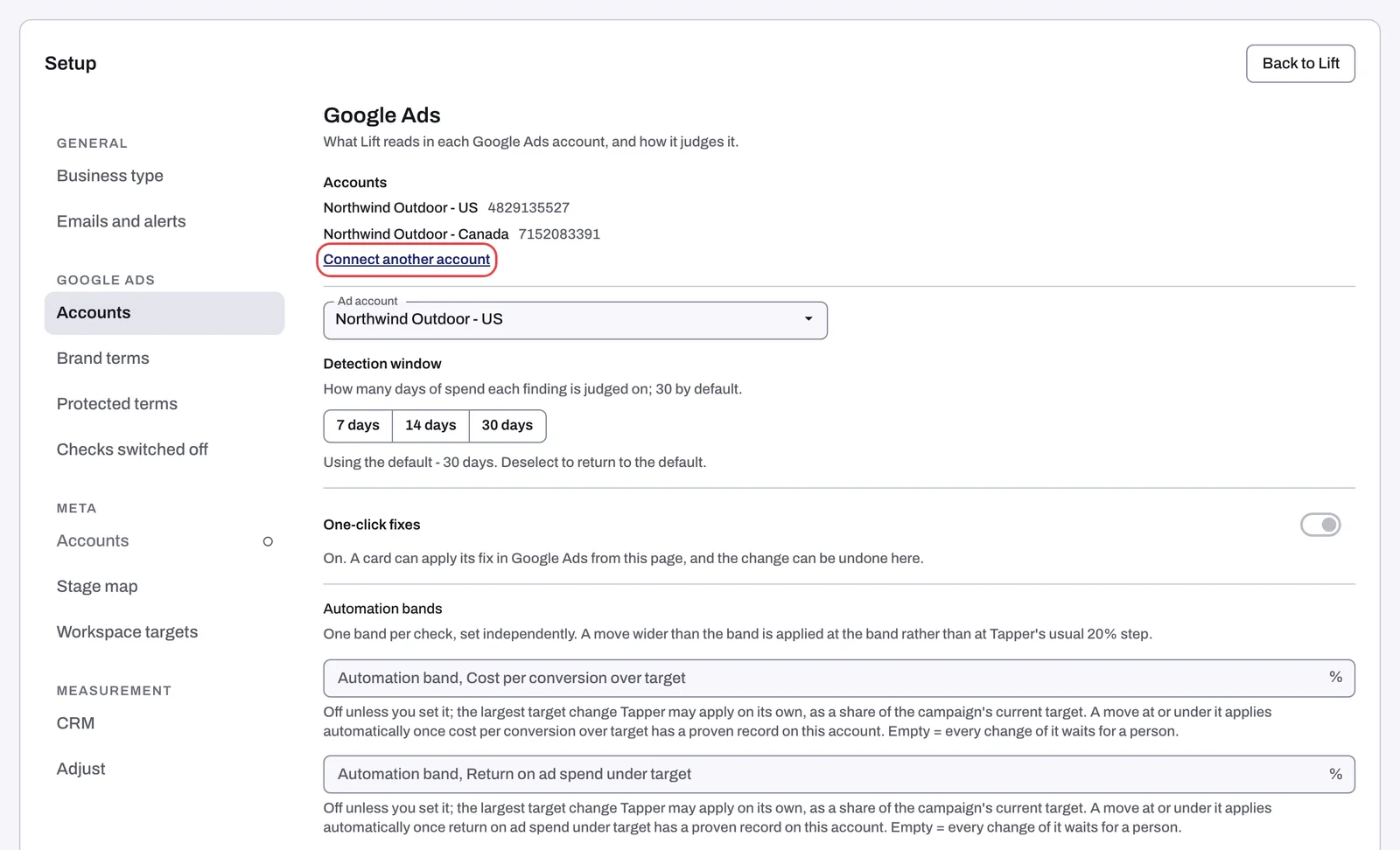 Setup on the Lift page, Google Ads section: the Accounts block with Connect another account