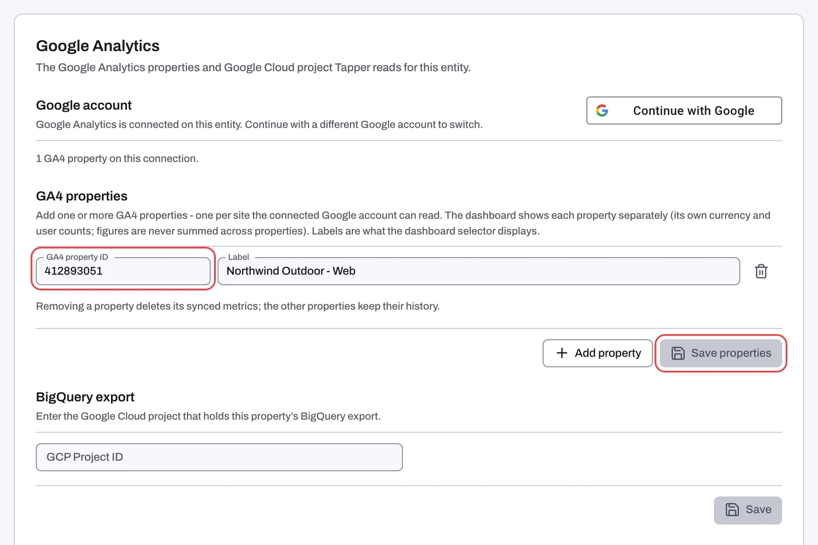 The Google Analytics tab of an entity with one GA4 property saved: the Google account, GA4 properties and BigQuery export sections