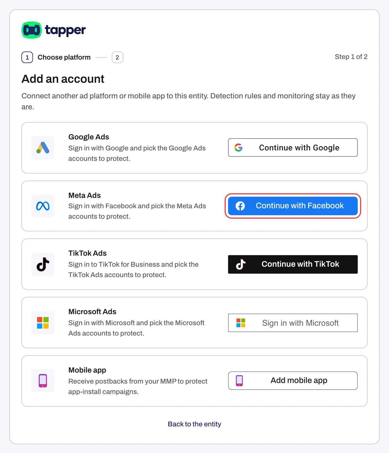 The Add an account page on Choose platform, with Continue with Facebook outlined on the Meta Ads row