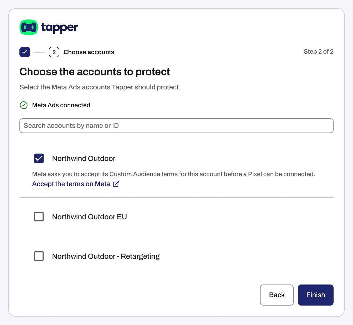 Choose the accounts to protect, with one Meta account ticked and the Accept the terms on Meta link