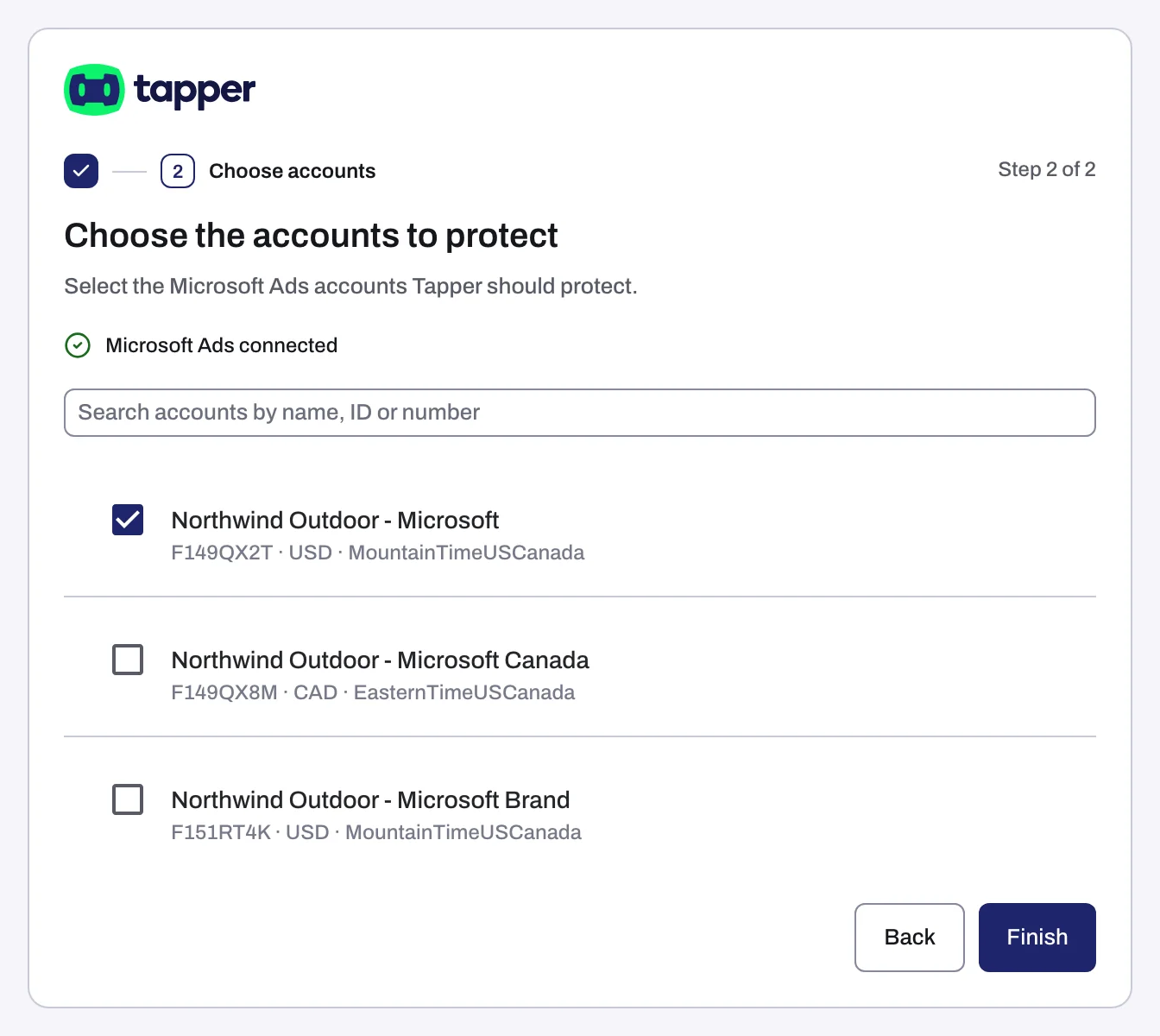Choose the accounts to protect for Microsoft Ads, each row showing number, currency and time zone