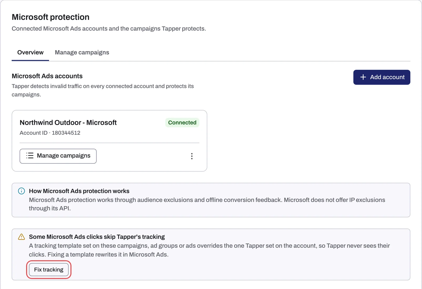 The Microsoft protection tab on Overview: a connected account card, the How Microsoft Ads protection works notice and the Some Microsoft Ads clicks skip Tapper's tracking box with the Fix tracking button