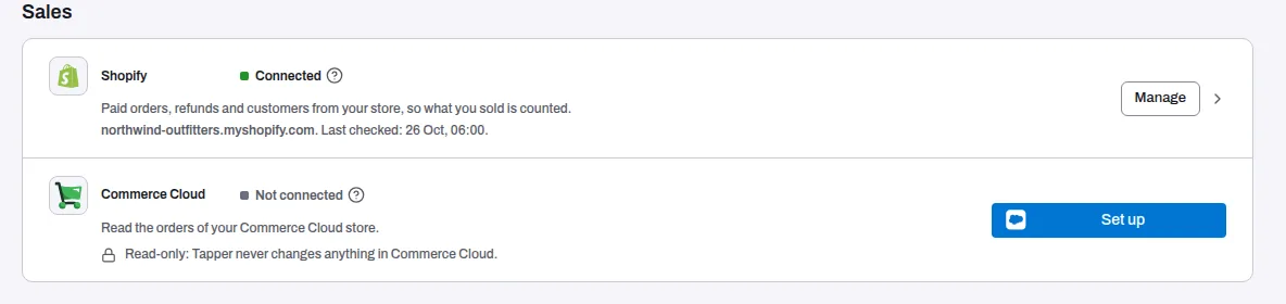 The Sales group of Data sources with the Commerce Cloud row: Not connected, its Set up button and the read-only line
