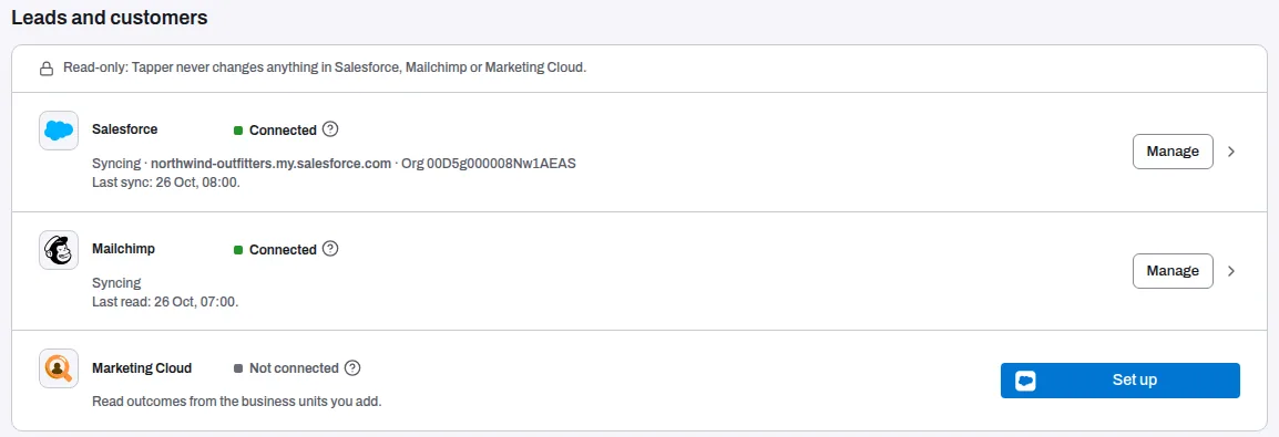 The Leads and customers group of Data sources with the Marketing Cloud row: Not connected and its Set up button