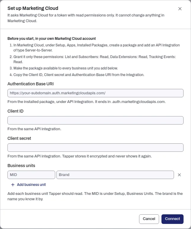 The Set up Marketing Cloud dialog with the steps in your own Marketing Cloud account, the three key fields and the Business units list