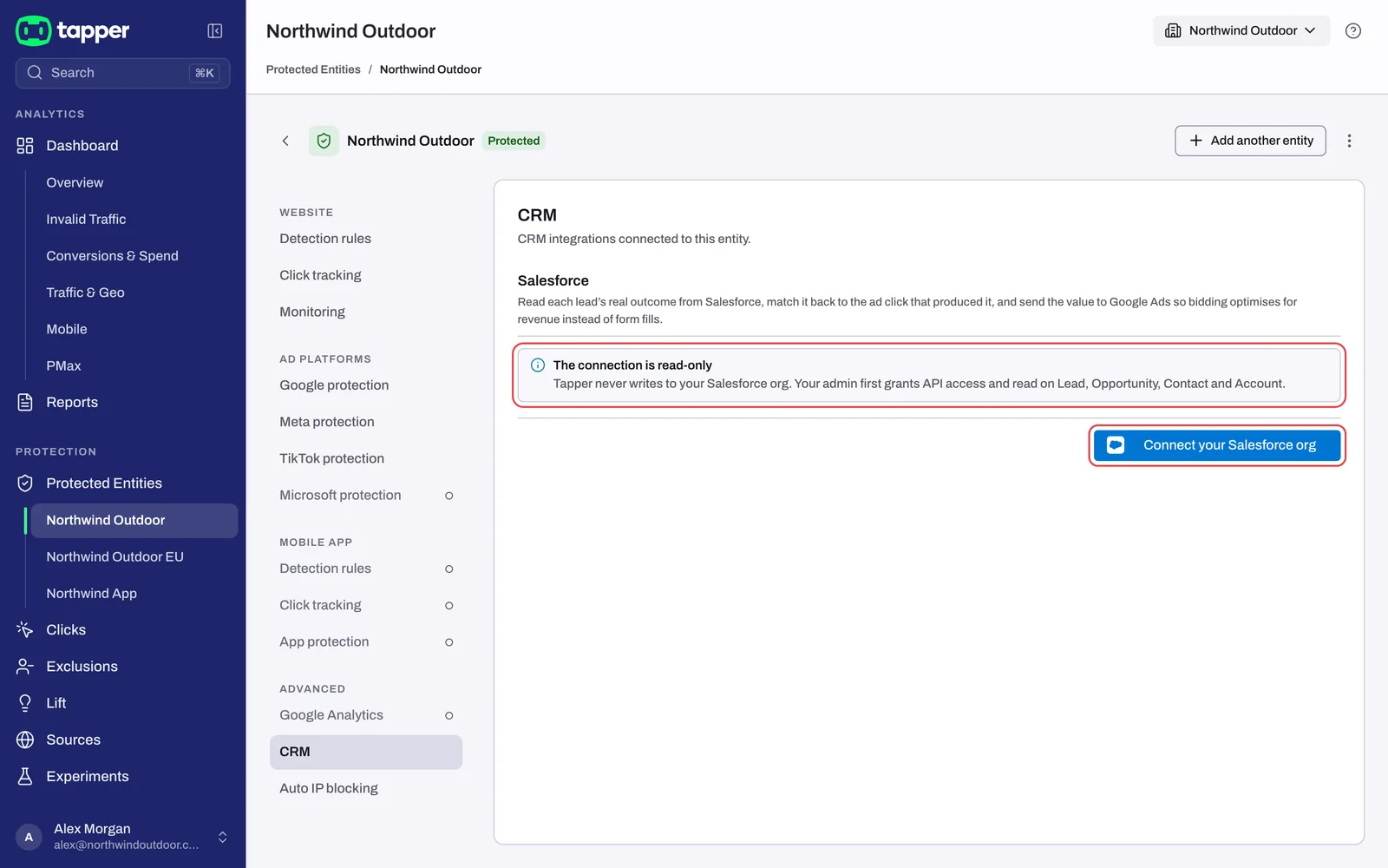 The CRM tab before connecting, with the Connect your Salesforce org button and the read-only notice