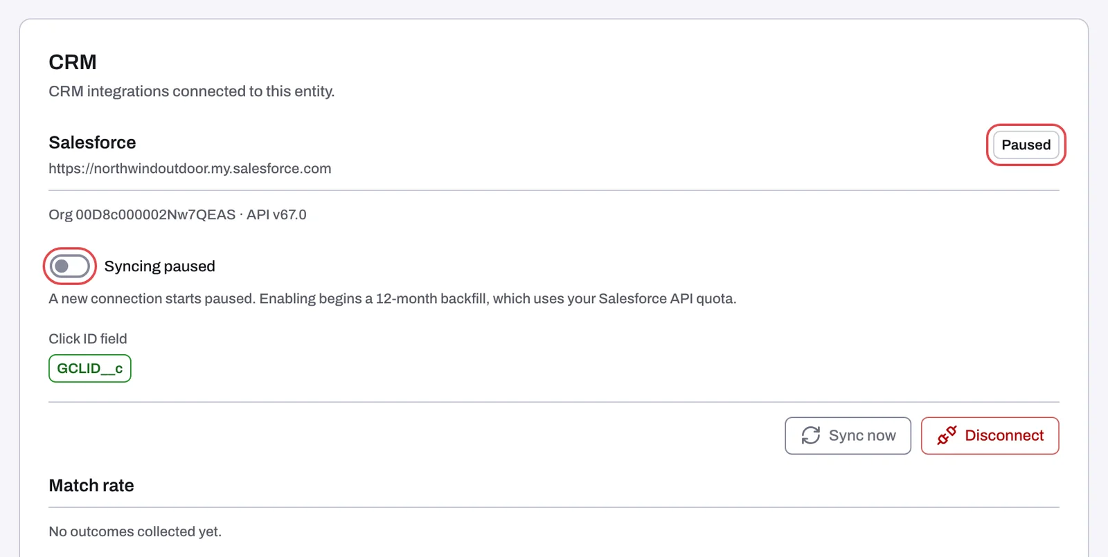 The CRM tab after connecting, with the Paused chip, the Syncing paused switch, the Click ID field and the Match rate section