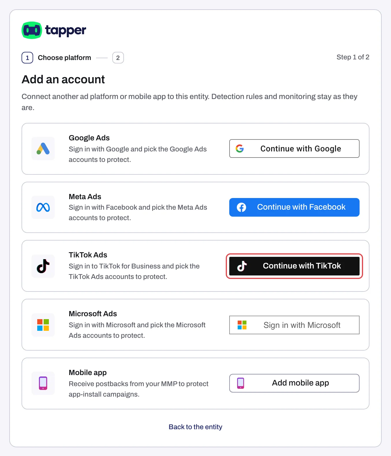 The TikTok Ads row on the Add an account step, with Continue with TikTok