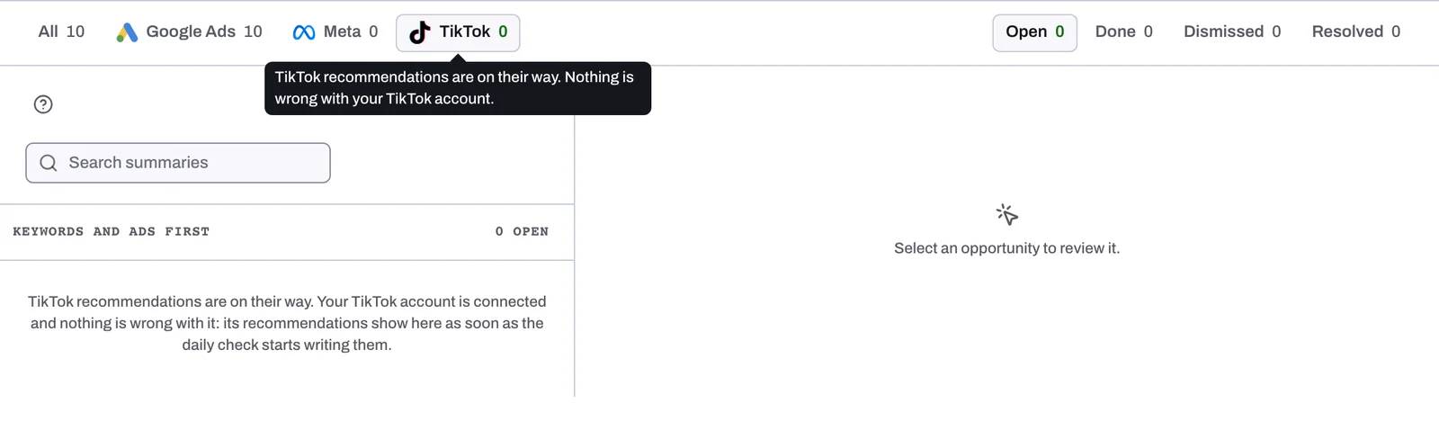 The Lift tab with the TikTok platform tab picked at 0 and the message that TikTok recommendations are on their way