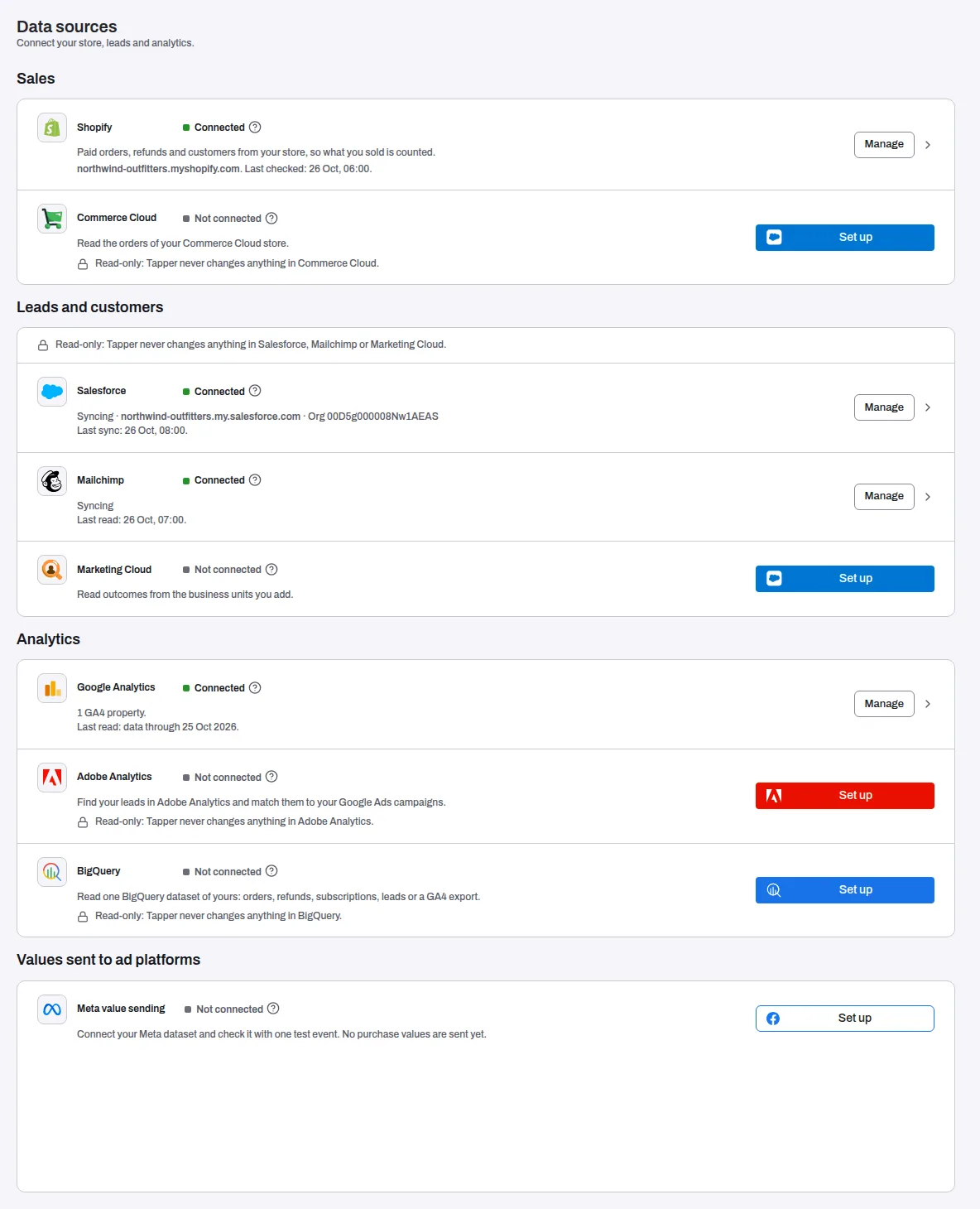 The Data sources page with its four groups: Sales, Leads and customers, Analytics, and Values sent to ad platforms