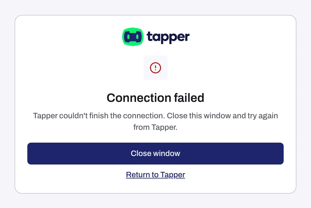 The sign-in popup showing Connection failed with Close window and Return to Tapper