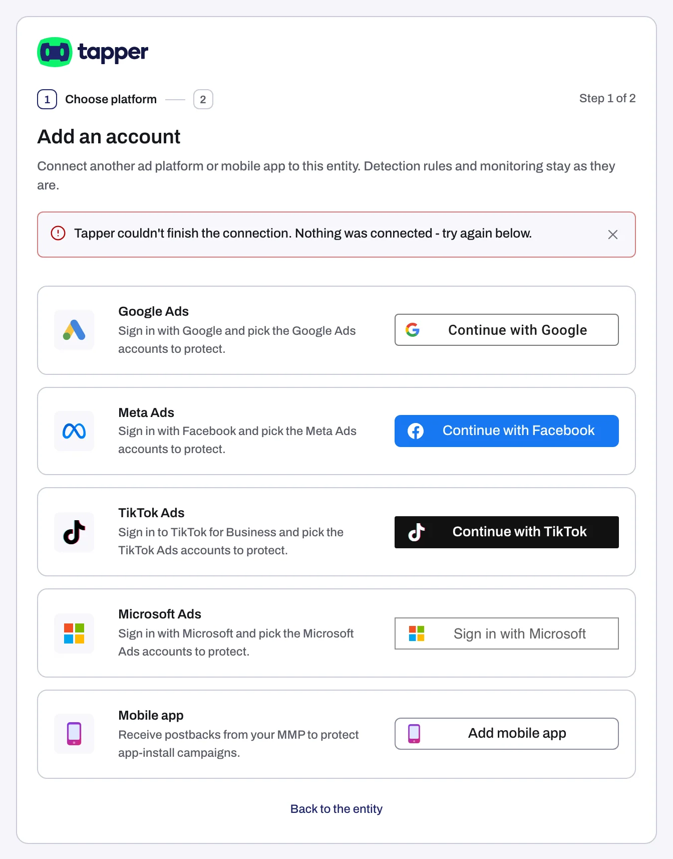 The alert on the Choose platform step after a failed sign-in