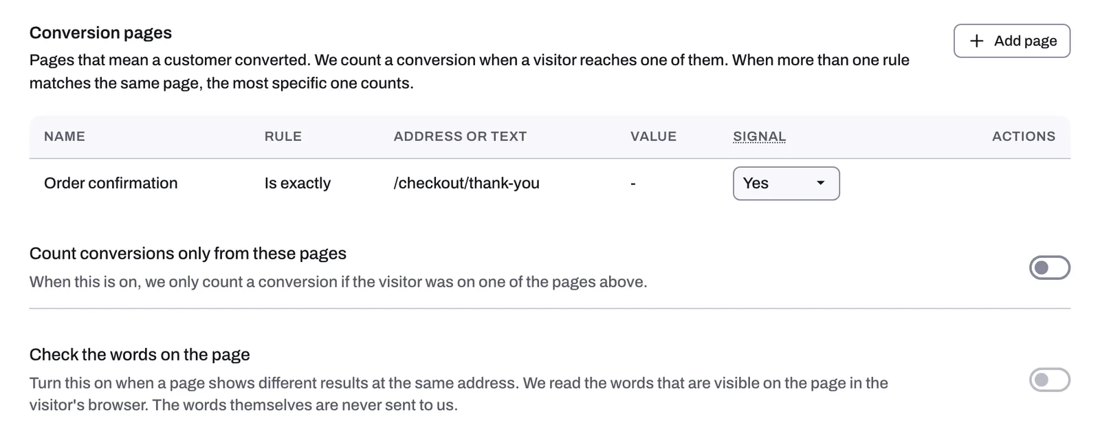 The Conversion pages section with one page listed and both switches