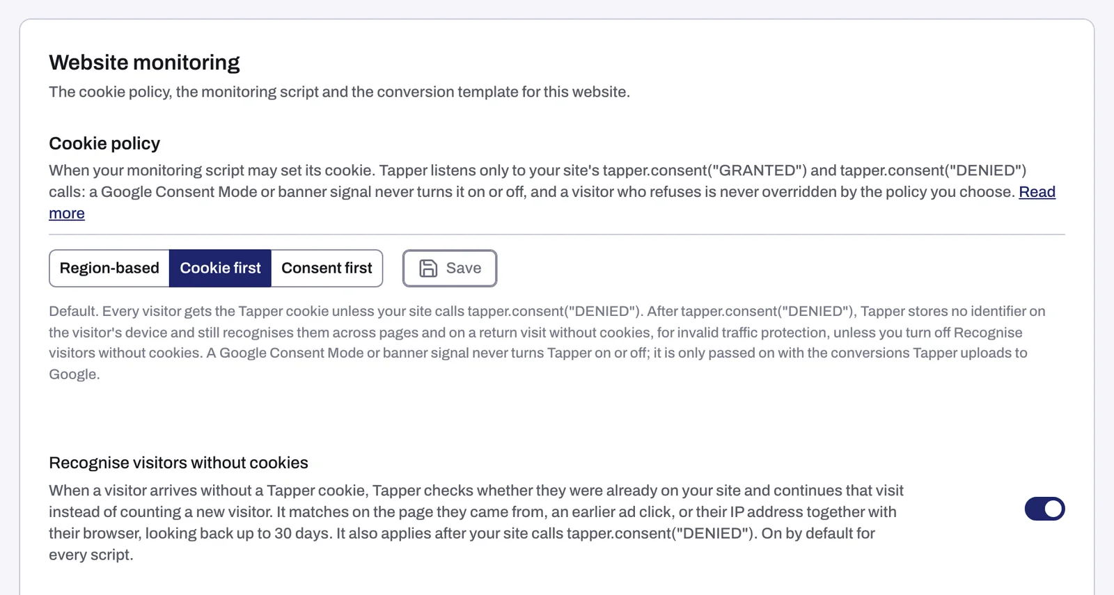 The Cookie policy section and the cookieless recognition switch