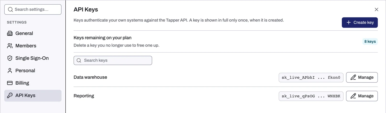 The API Keys section with Create key, Keys remaining on your plan and the masked key list